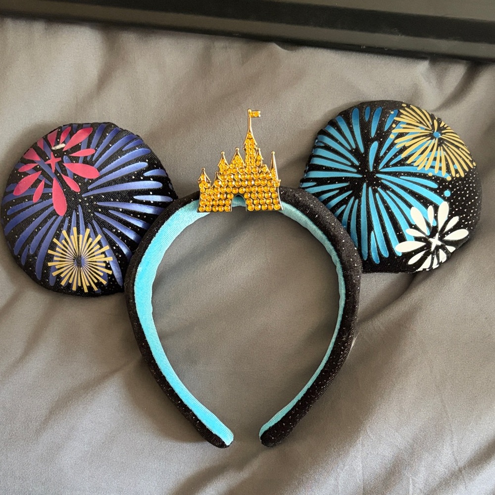 Sparkle Fireworks Mouse Ear Headband with Gold Castle Accent - Blue & Black